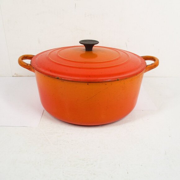 VTG Le Creuset France “E” 4.5 Qt Ribbed Flame Orange Enameled Dutch Oven Pot Lid - Picture 3 of 11